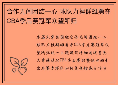 合作无间团结一心 球队力挫群雄勇夺CBA季后赛冠军众望所归